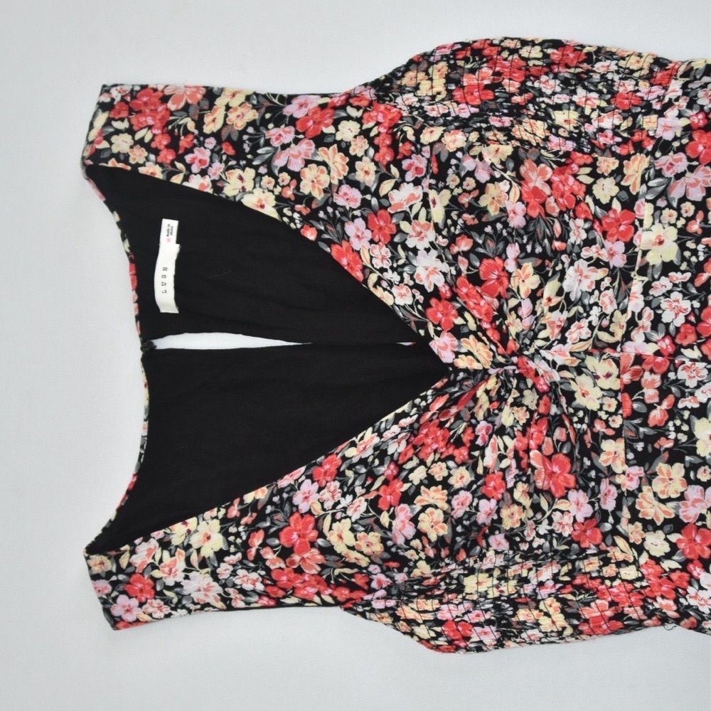 Lush Black and White Ruched Floral Midi Dress